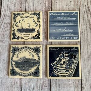 Set of 4 Different Holland America Line Tiles Coasters Blue & White Ships 4×4